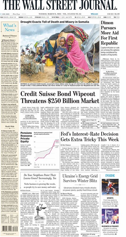 First Page of the Wall Street Journal 21 March 2023 Picture
