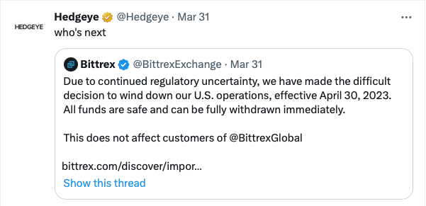 Hedgeye's Tweet about who's next in crypto to crash 3rd of April 2023 Picture