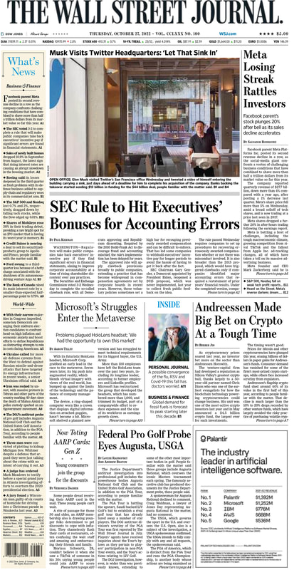 First page of the Wall Street Journal 27.10.2022 Picture