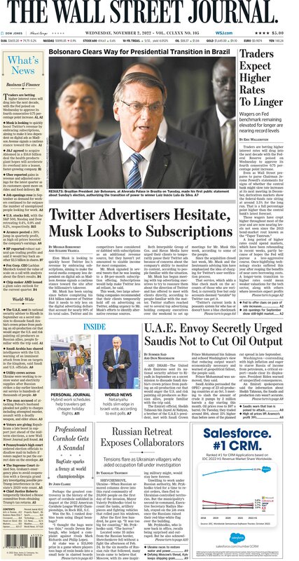 First Page of the Wall Street Journal 02 November 2022 Picture