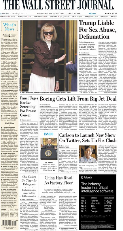 Front page of The Wall Street Journal Wednesday 10.05.2023 Picture