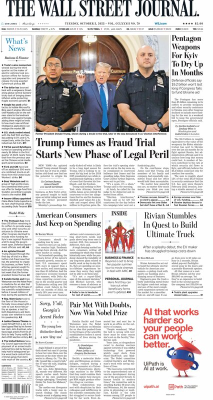 The front page of The Wall Street Journal - MacroTraders.ro - Tuesday 03.10.2023 Picture