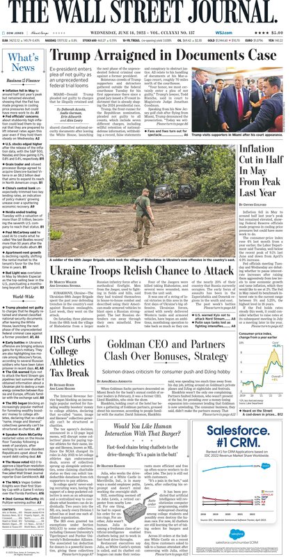 The front page of The Wall Street Journal - Wednesday 14.06.2023 Picture