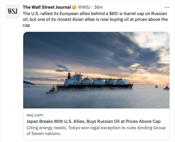 The Wall Street Journal Tweet about Japan breaks with US and buys Russian Oil 3rd of April 2023 Picture