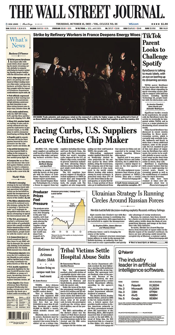 First page of the Wall Street Journal on 13.10.2022 Picture