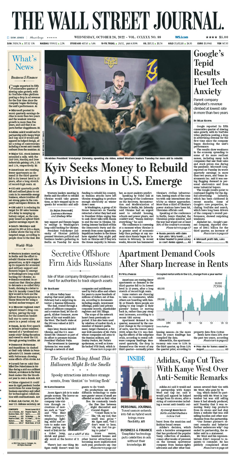 First page of The Wall Street Journal 26.10.2022 Picture