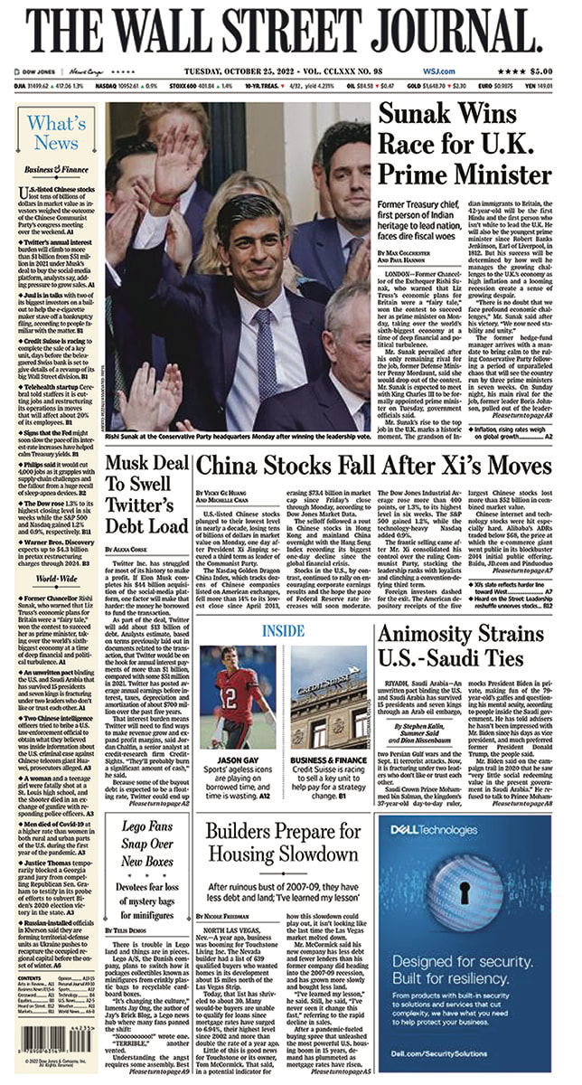 First Page of The Wall Street Journal 25.10.2022 Picture