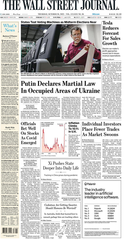 First Page of The Wall Street Journal 20.10.2022 on macrotraders.ro Picture
