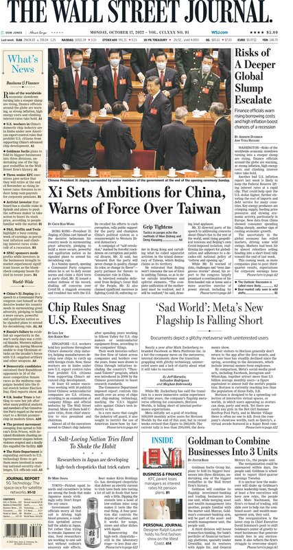 First Page of The Wall Street Journal Monday 17.10.2022 on macrotraders.ro Picture