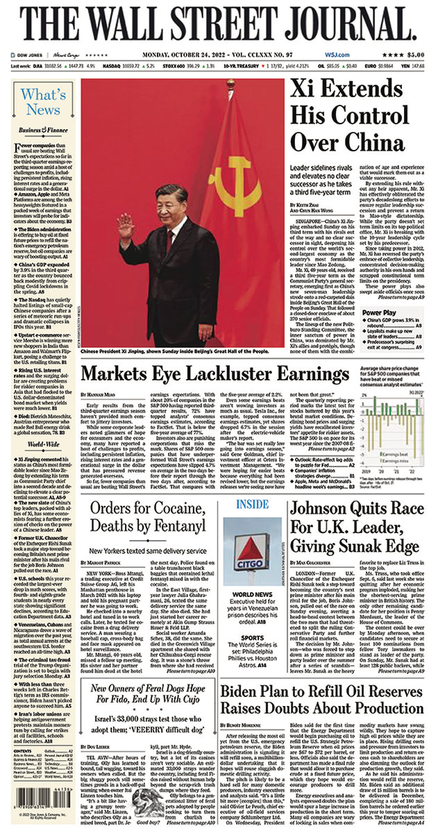 First page of The Wall Street Journal 24.10.2022 China Xi Extends his control over China Picture