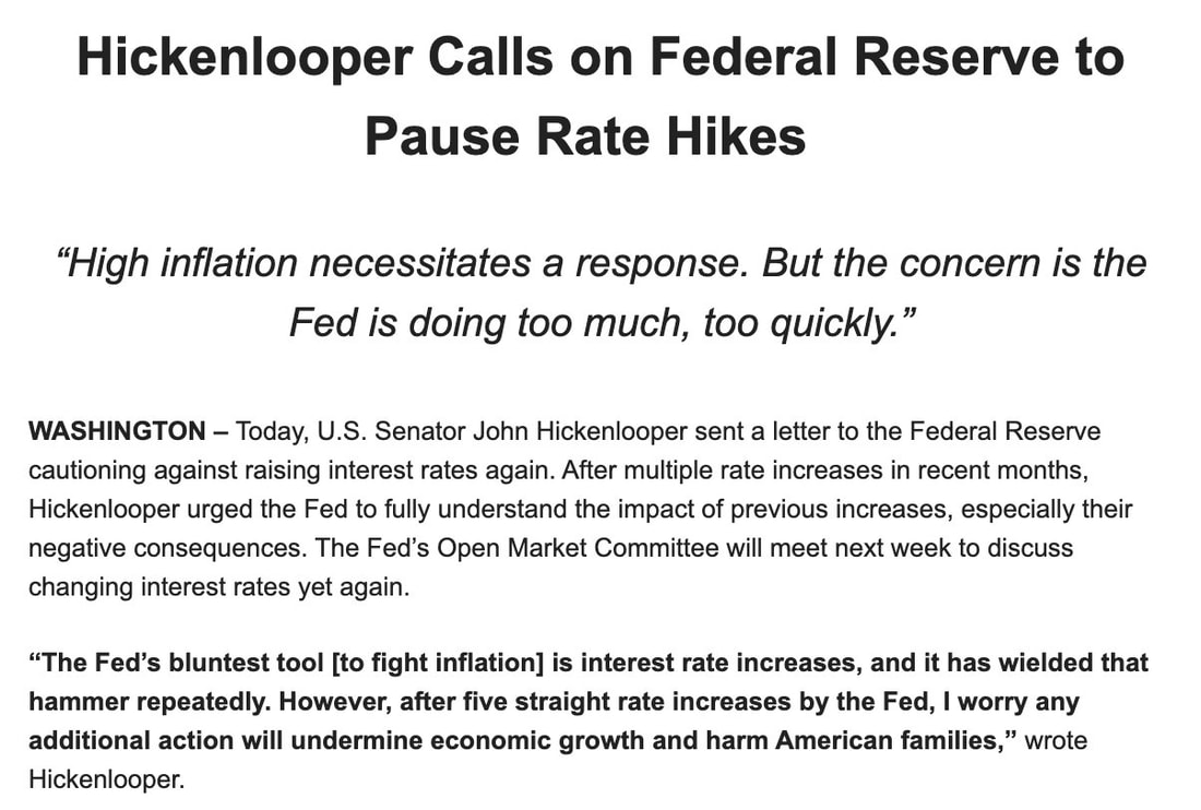 US Senator Hickenlooper pause rate hikes letter Picture