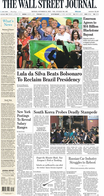 The first page Wall Street Journal 31.10.2022 Picture