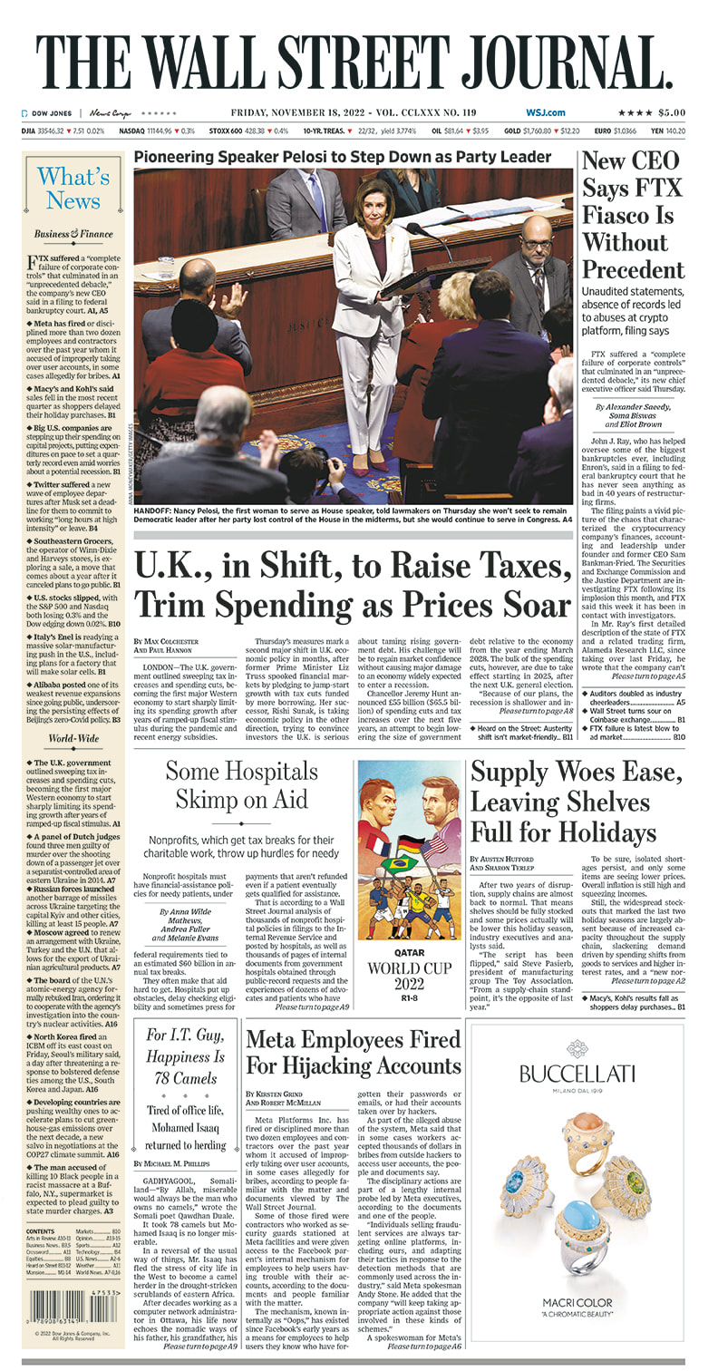 First Page of the Wall Street Journal 18 november 2022 Picture