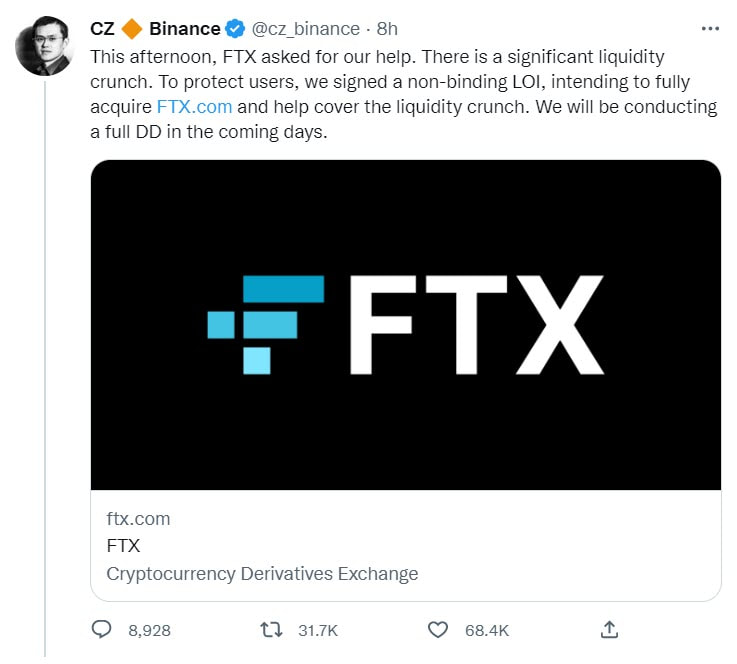 CZ Binance tweet about fix asking help 8th November 2022 Picture