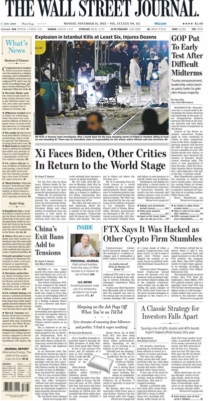 First page of the Wall Street Journal 14 November 2022 Picture