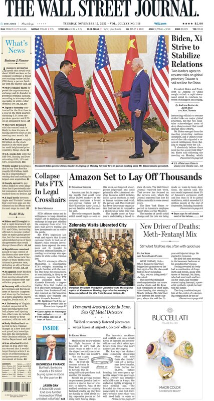 First page of the Wall Street Journal 15 november 2022 Picture