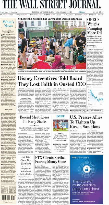 First page of the Wall Street Journal 22 november 2022 Picture