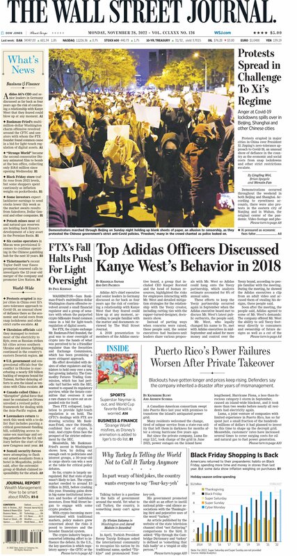 First page of the Wall Street Journal 28 november 2022 Picture