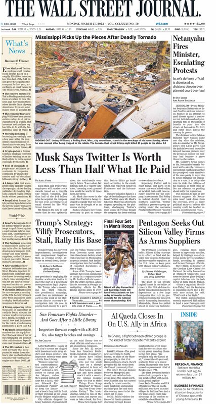First page of the Wall Street Journal 27 March 2023 Picture