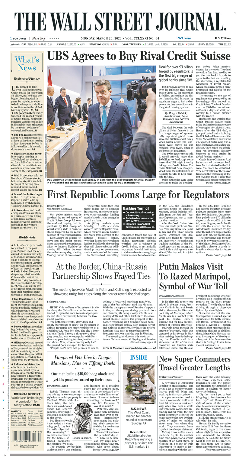 First page of the Wall Street Journal March Picture