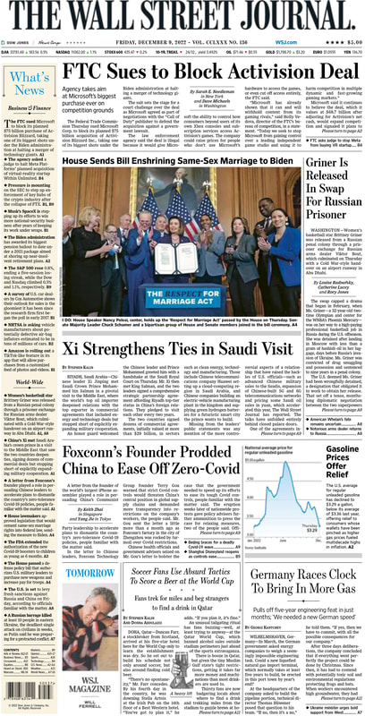 First page of the Wall Street Journal 09.12.2022 Picture