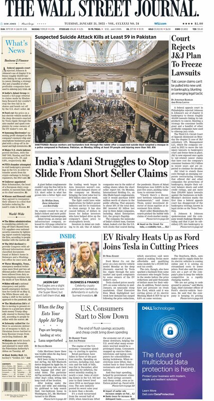 Tuesday First Page of the Wall Street Journal Picture