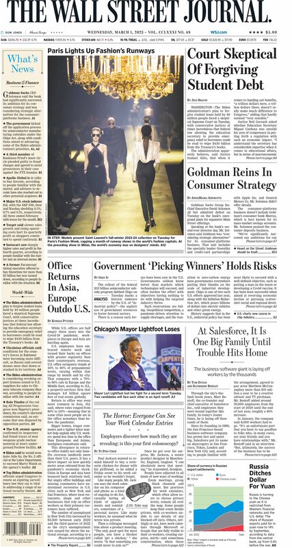 First page of the WSJ cover 1st of march 2023 Picture