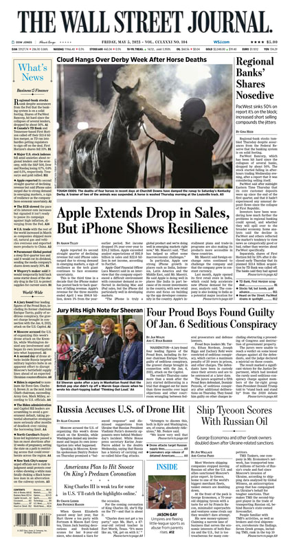 Front page of The Wall Street Journal - Friday 05.05.2023 Picture