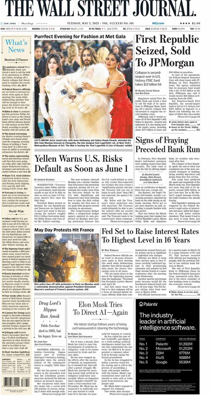 Front page of The Wall Street Journal Tuesday 02.05.2023 Picture
