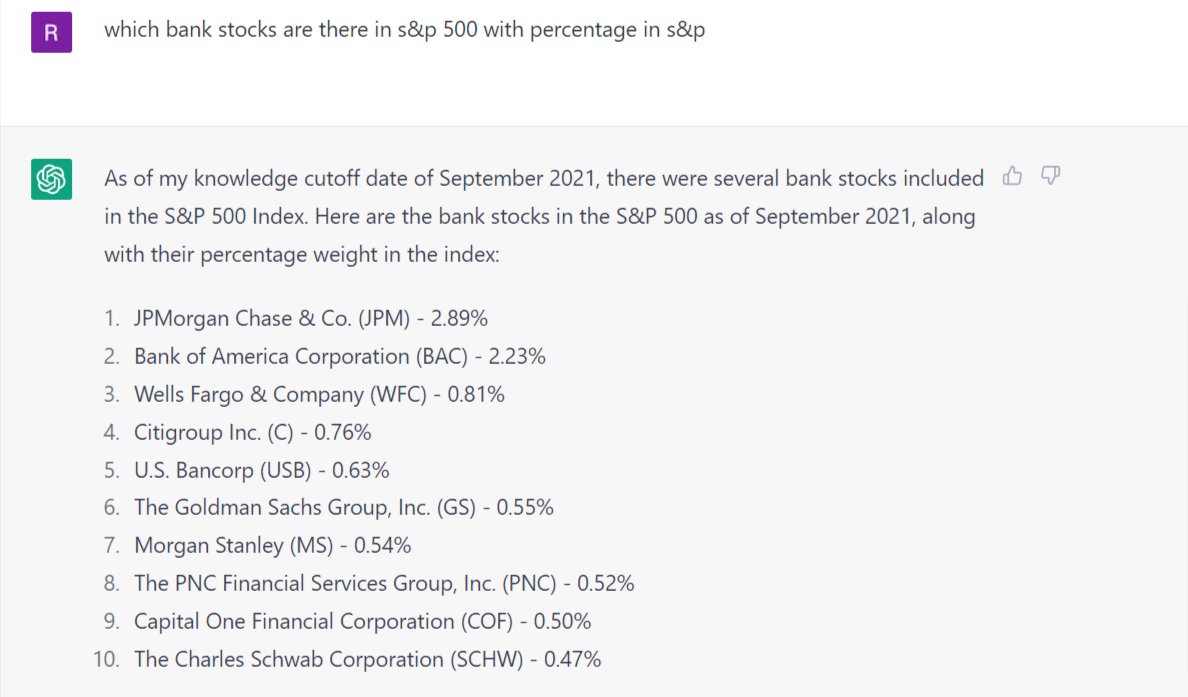 Chat GPT answer to bank stocks in S&P Picture