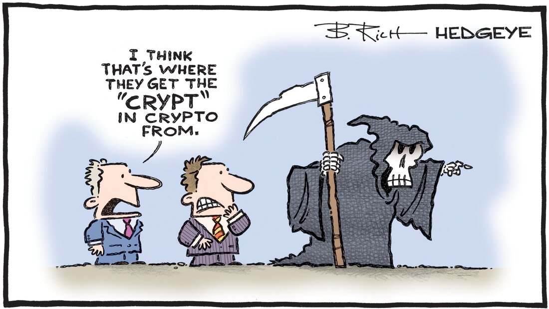 Hedgeye - Macro Traders Romania Blog - Cartoon of the Day - Bit-The-Dust-Coin - Tuesday 29.08.2023 Picture