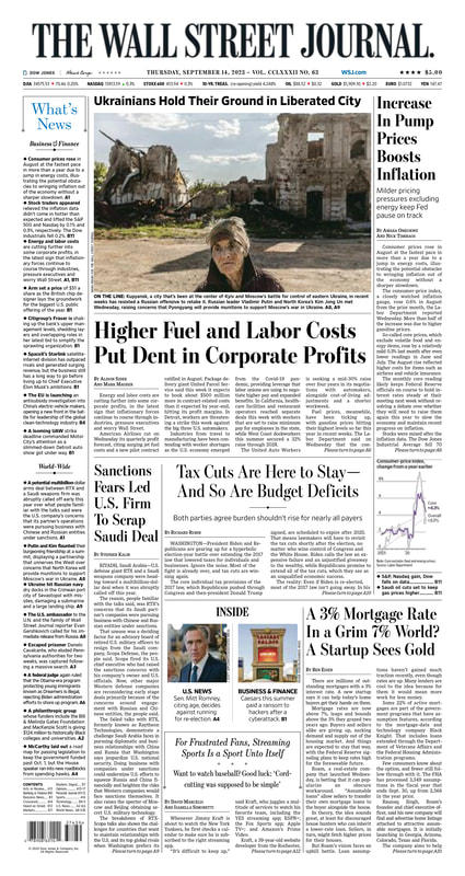 MacroTraders.ro - the front page of The Wall Street Journal  - 14.09.2023 Picture