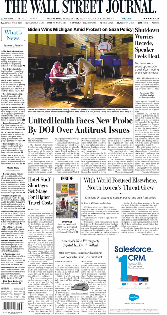 MacroTraders.ro - The front page of The Wall Street Journal - 3 Wednesday - 28.02.2024 Picture