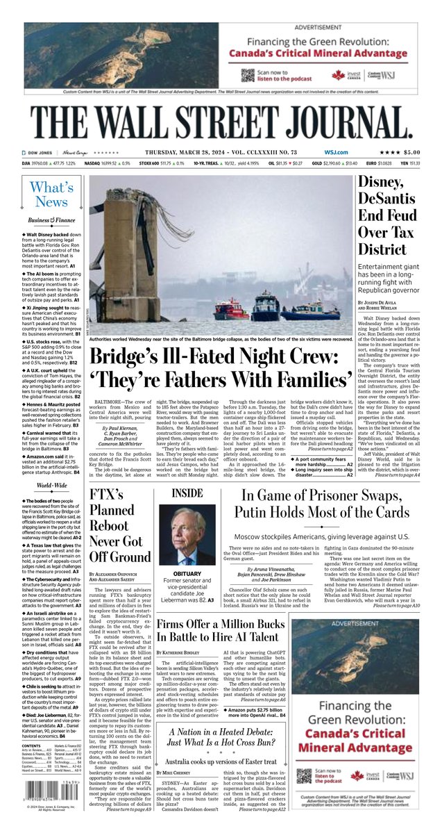 MacroTraders.ro - The front page of The Wall Street Journal - 4 Thursday - 28.03.2024 Picture