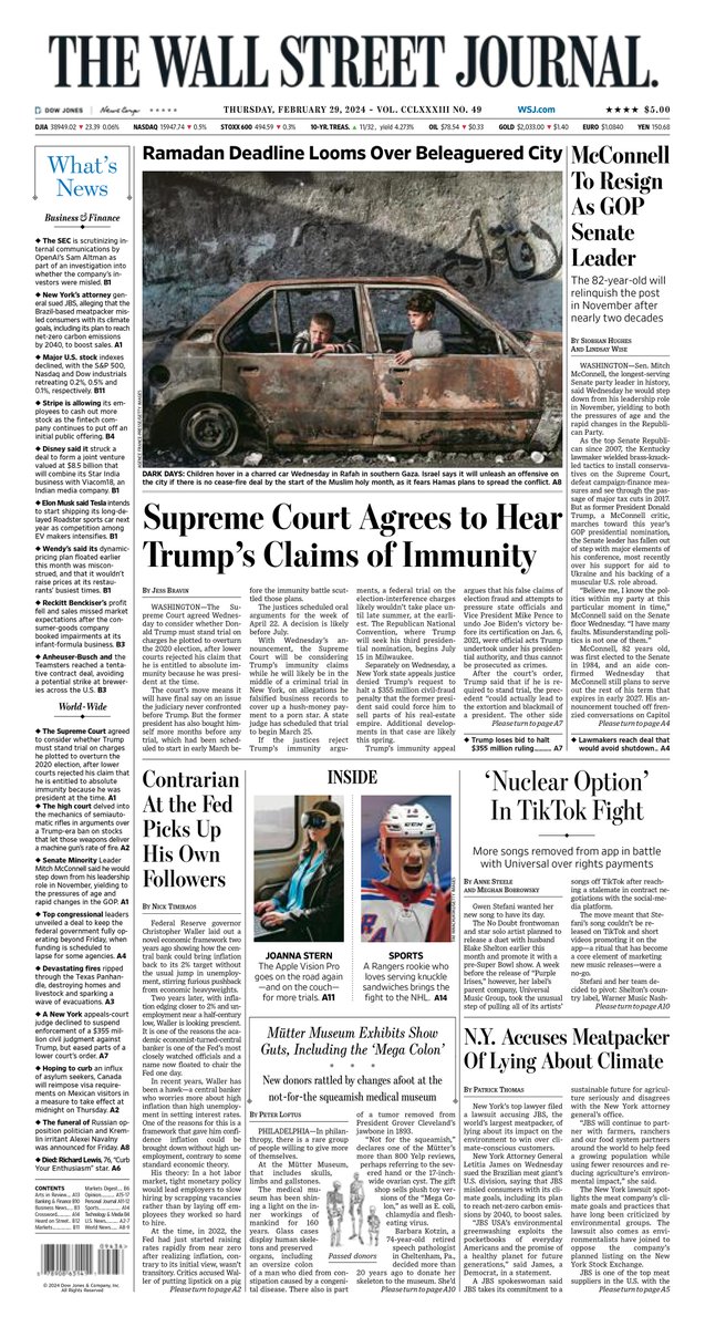 MacroTraders.ro - The front page of The Wall Street Journal - 4 Thursday - 29.02.2024 Picture