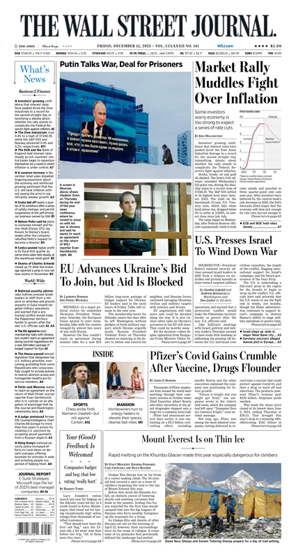 MacroTraders.ro - the front page of The Wall Street Journal - Friday 15.12.2023 Picture