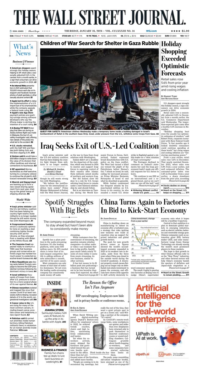 MacroTraders.ro - The front page of the Wall Street Journal - Thursday 18.01.2024 Picture