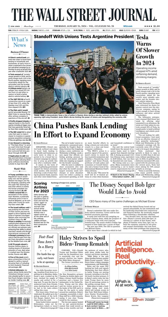 MacroTraders.ro - The front page of the Wall Street Journal - Thursday 25.01.2024 Picture