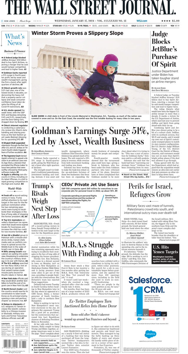 MacroTraders.ro - The front page of the Wall Street Journal - Wednesday 17.01.2024 Picture