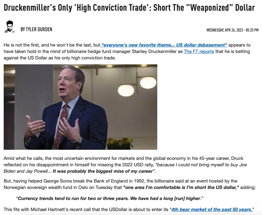 Stanley Druckenmiller's High Conviction Trade Short USD 27.04.2023 Picture
