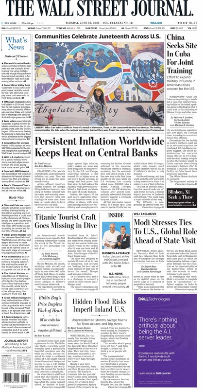 The front page of The Wall Street Journal 20.06.2023 Picture