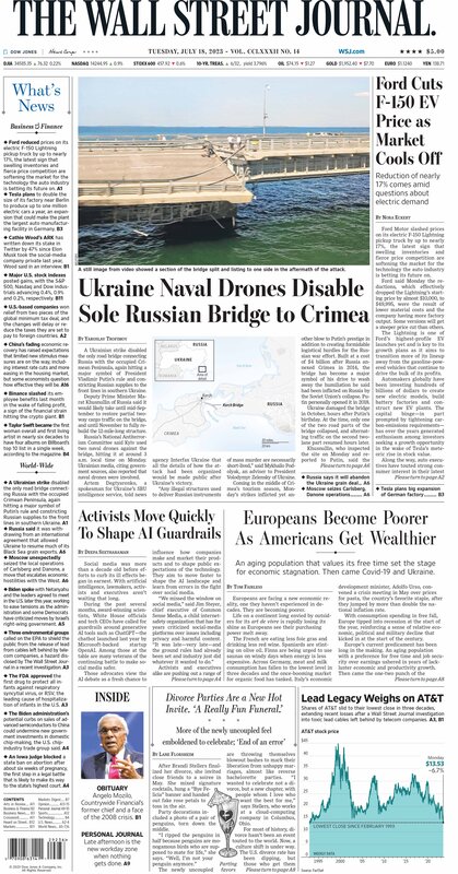 The front page of The Wall Street Journal - Macro Blog Romania - Tuesday 18.07.2023 Picture