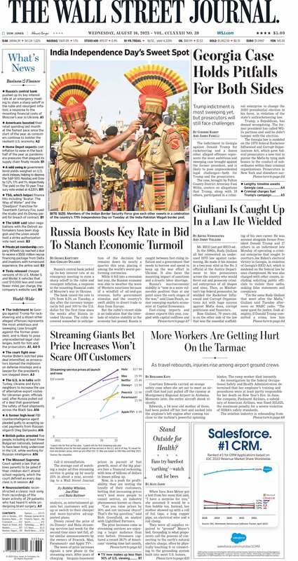 The front page of The Wall Street Journal - Macro Traders Blog Romania - 16.08.2023 Picture
