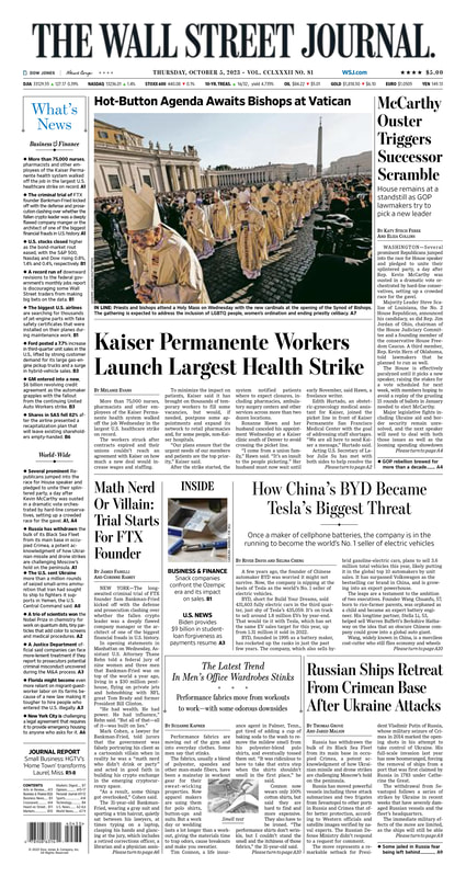 The front page of The Wall Street Journal - MacroTraders.ro - Thursday 05.10.2023 Picture