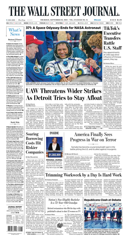 The front page of The Wall Street Journal - MacroTraders.ro - Thursday 28.09.2023 Picture