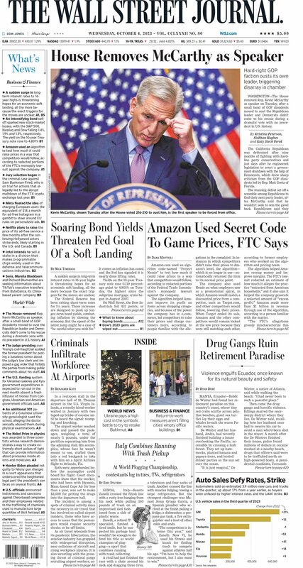 The front page of The Wall Street Journal - MacroTraders.ro - Wednesday 04.10.2023 Picture