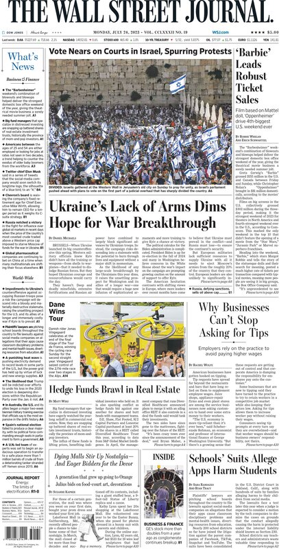 The front page of The Wall Street Journal - Monday 24.07.2023 - Macro Traders Blog Romania Picture