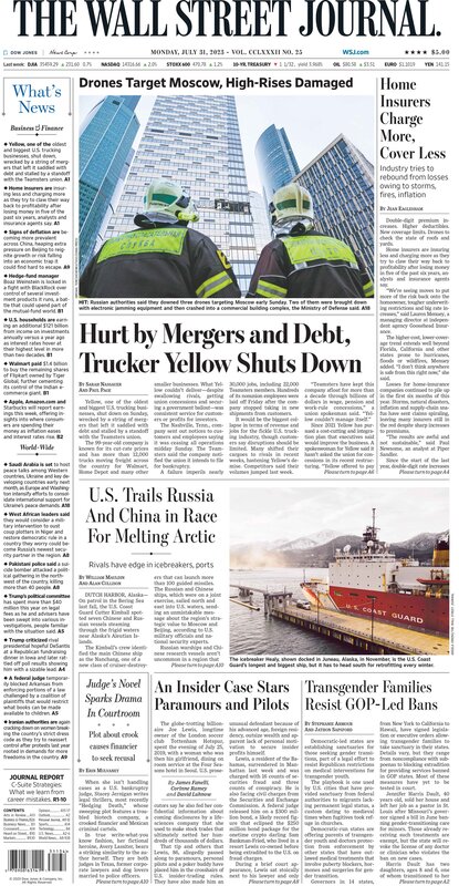 The front page of The Wall Street Journal - Monday 31.07.2023 Picture