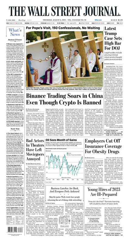 The front page of The Wall Street Journal - Thursday 03.08.2023 Picture