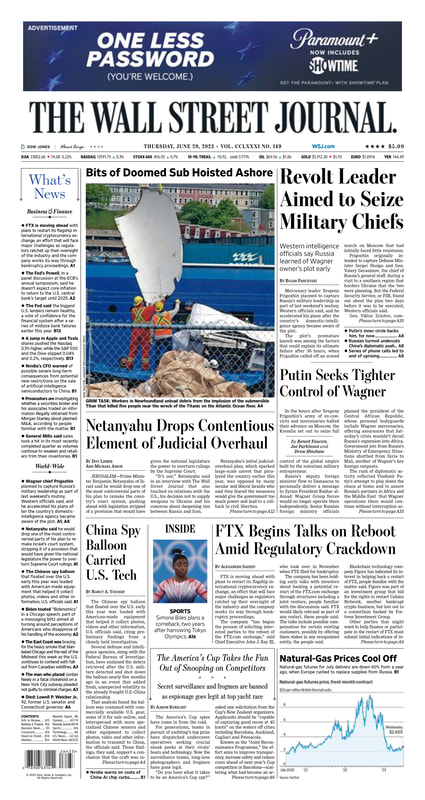 The front page of The Wall Street Journal - Thursday - 29.06.2023 Picture